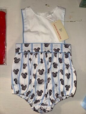 Smockingbird White & Light Blue Baby Bubble Romper with Playful Print